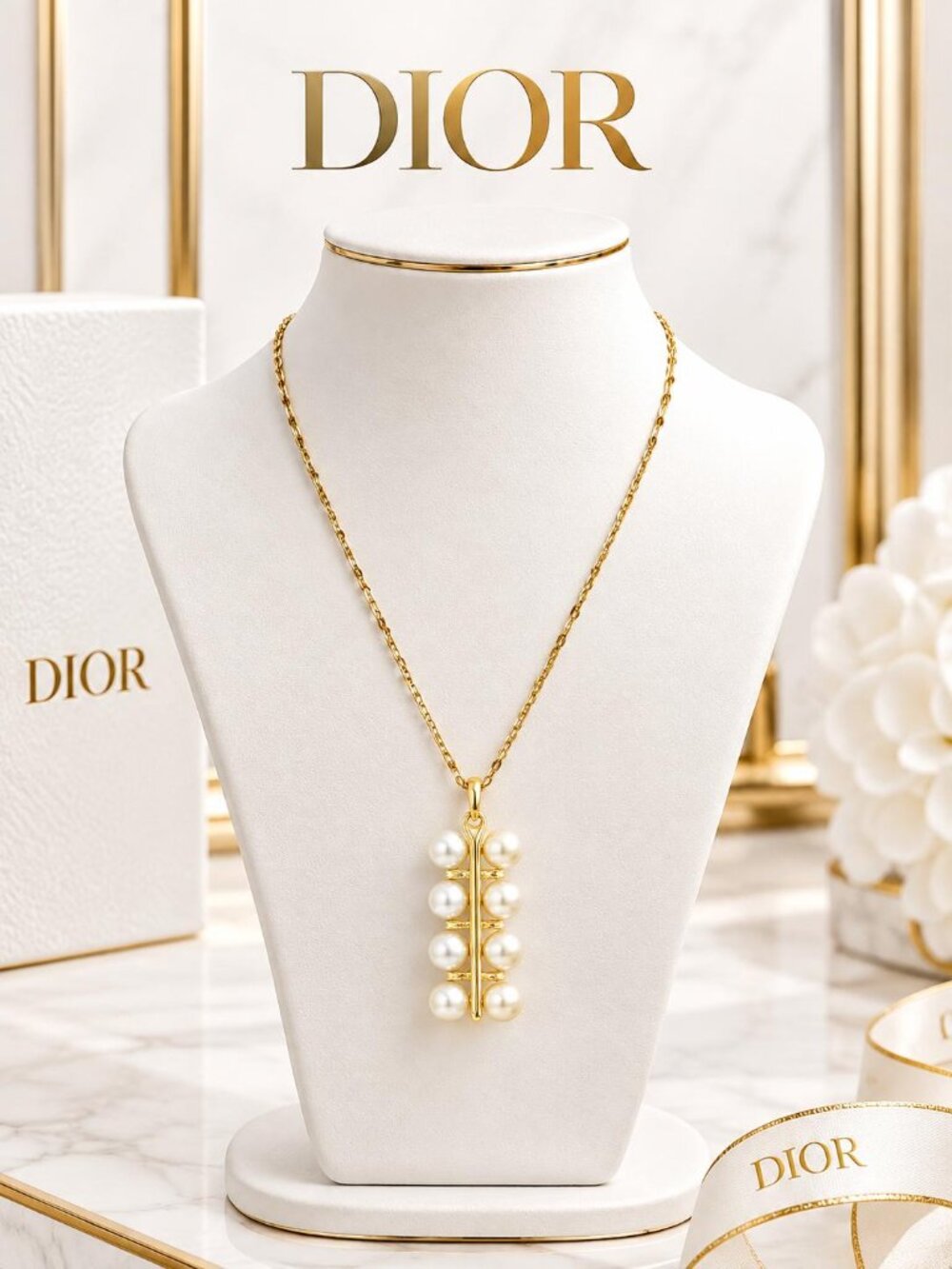 Authentic Dior Gold Tone Pearl Cluster Bar Pendant Necklace